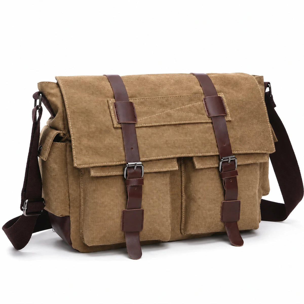 Men’s Canvas Messenger Bag - Dual Buckle Flap Work Bag - Coffee