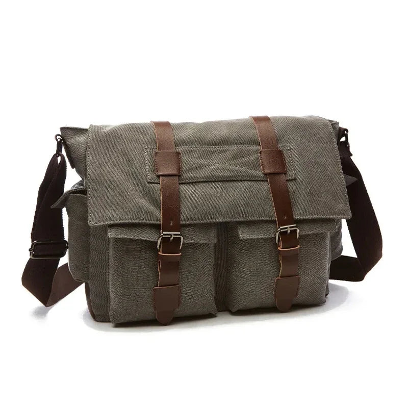Men’s Canvas Messenger Bag - Dual Buckle Flap Work Bag - Gray