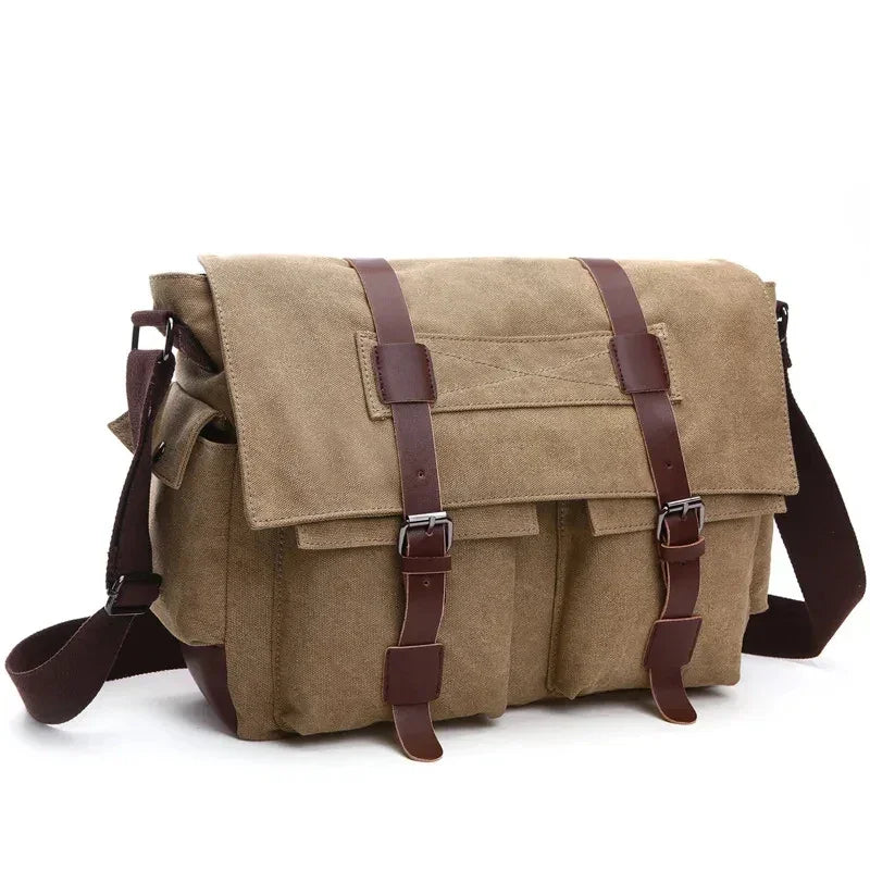 Men’s Canvas Messenger Bag - Dual Buckle Flap Work Bag - Khaki
