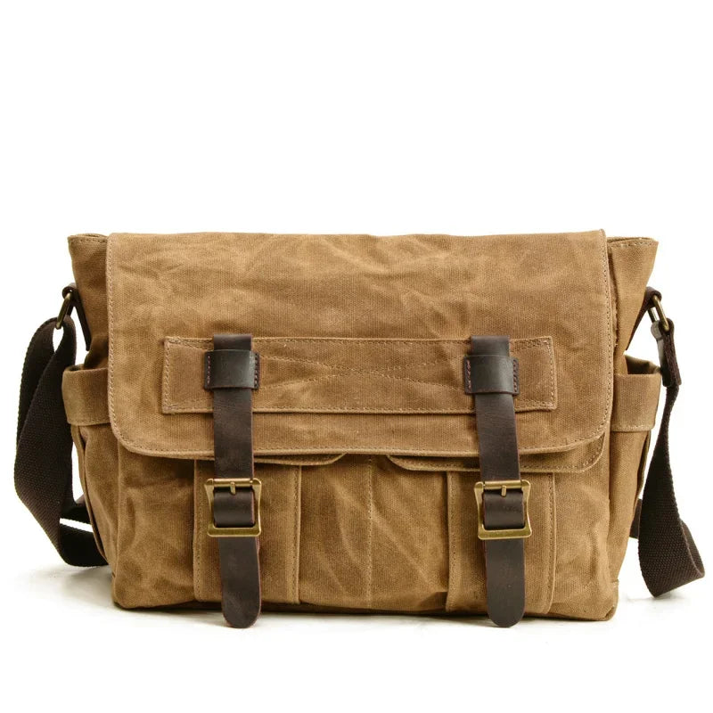 Men’s Canvas Messenger Bag - Dual Buckle Leather Trim - Khaki