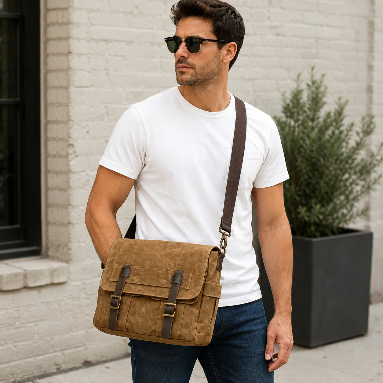 Men’s Canvas Messenger Bag - Dual Buckle Leather Trim