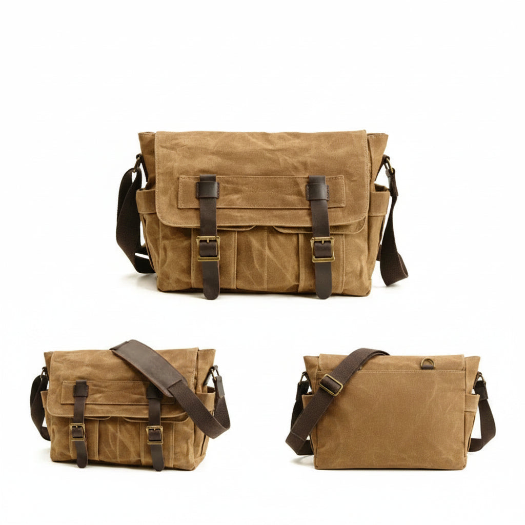 Men’s Canvas Messenger Bag - Dual Buckle Leather Trim