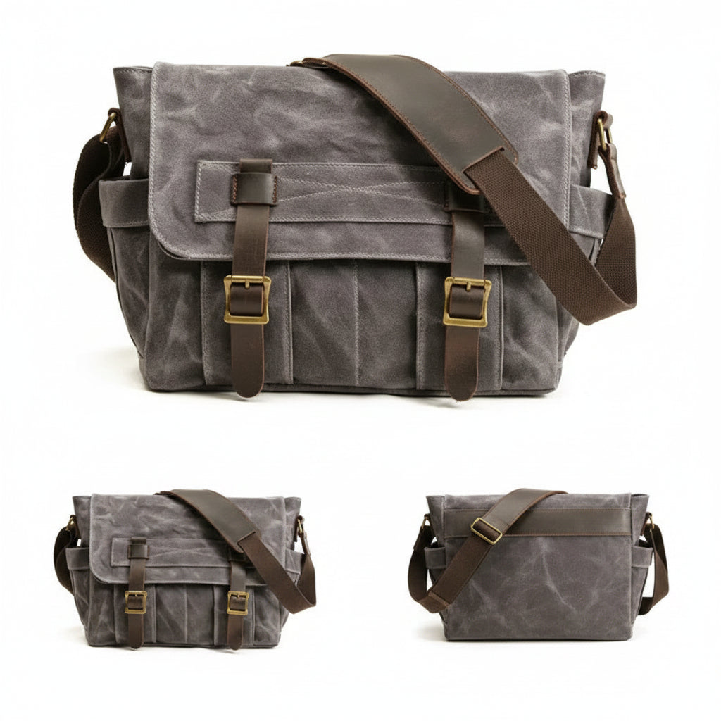 Men’s Canvas Messenger Bag - Dual Buckle Leather Trim