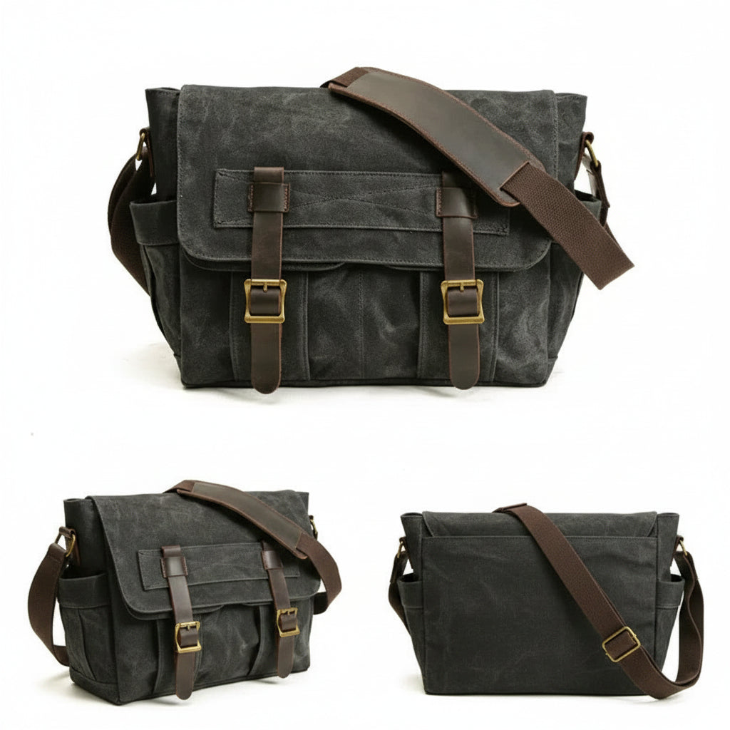 Men’s Canvas Messenger Bag - Dual Buckle Leather Trim