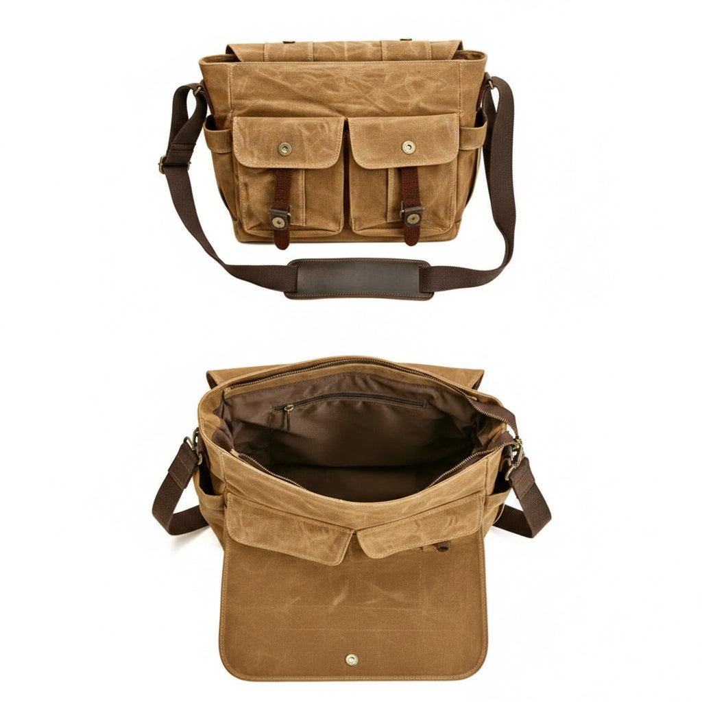 Men’s Canvas Messenger Bag - Dual Buckle Leather Trim