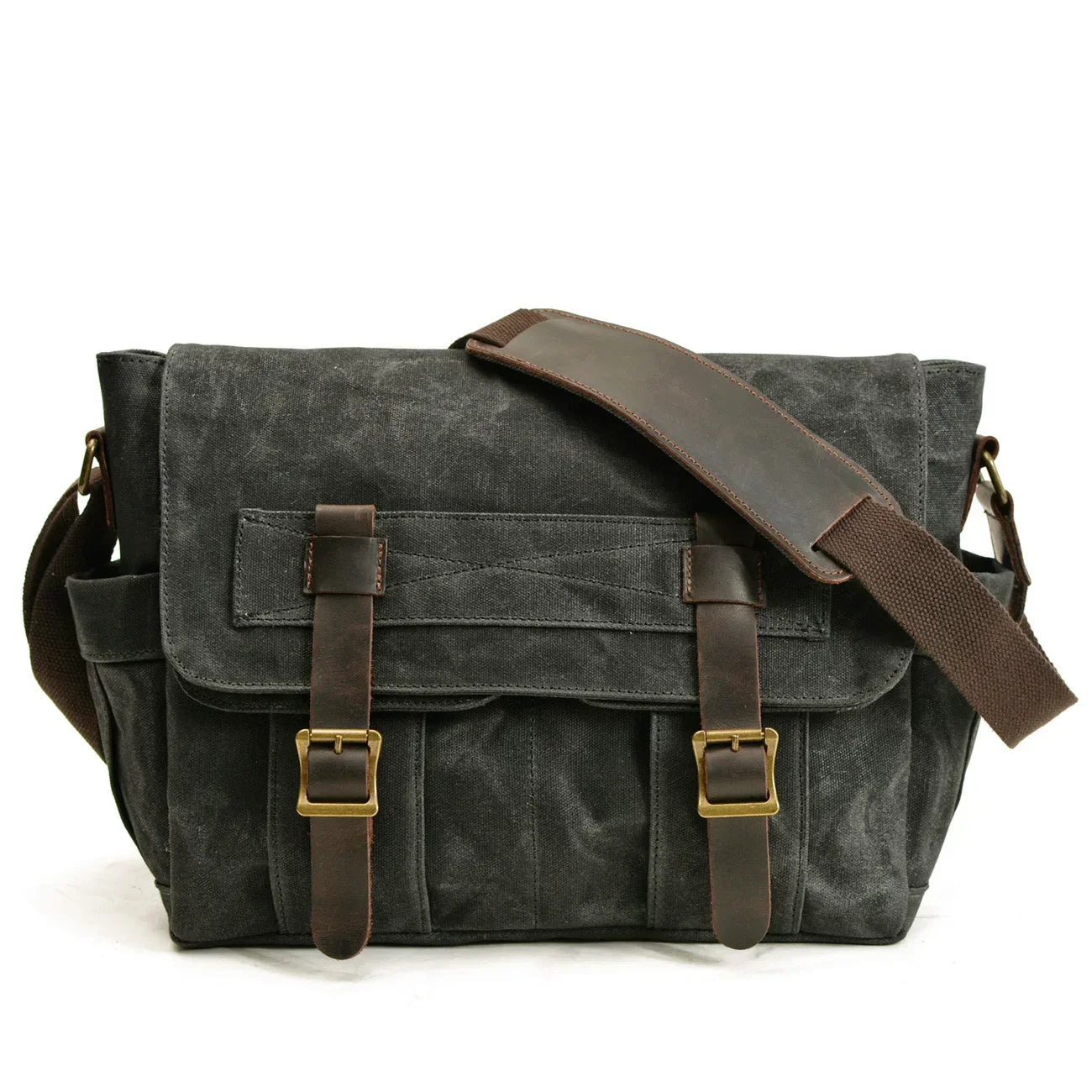 Men’s Canvas Messenger Bag - Dual Buckle Leather Trim - Black