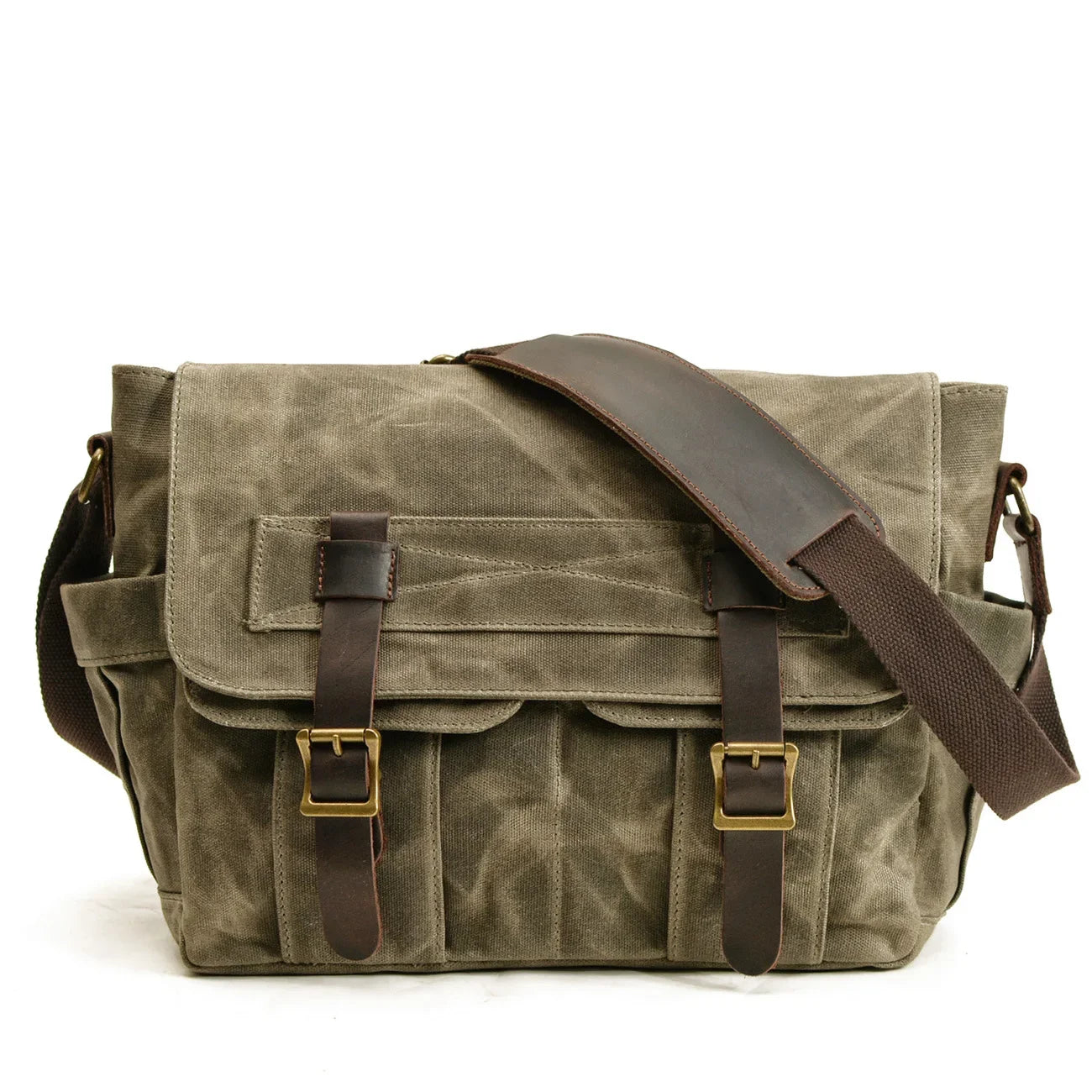 Men’s Canvas Messenger Bag - Dual Buckle Leather Trim - Green