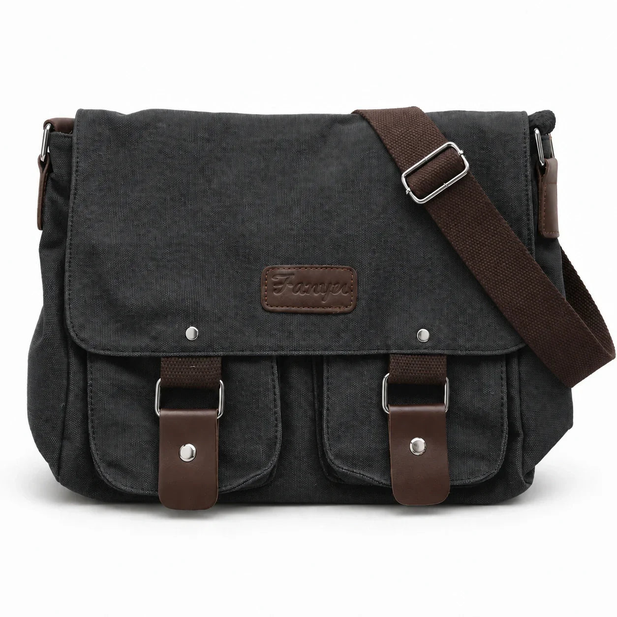 Men’s Canvas Messenger Bag – Flap Work Bag with Front Pockets - Black