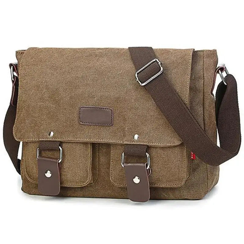 Men’s Canvas Messenger Bag – Flap Work Bag with Front Pockets - Brown