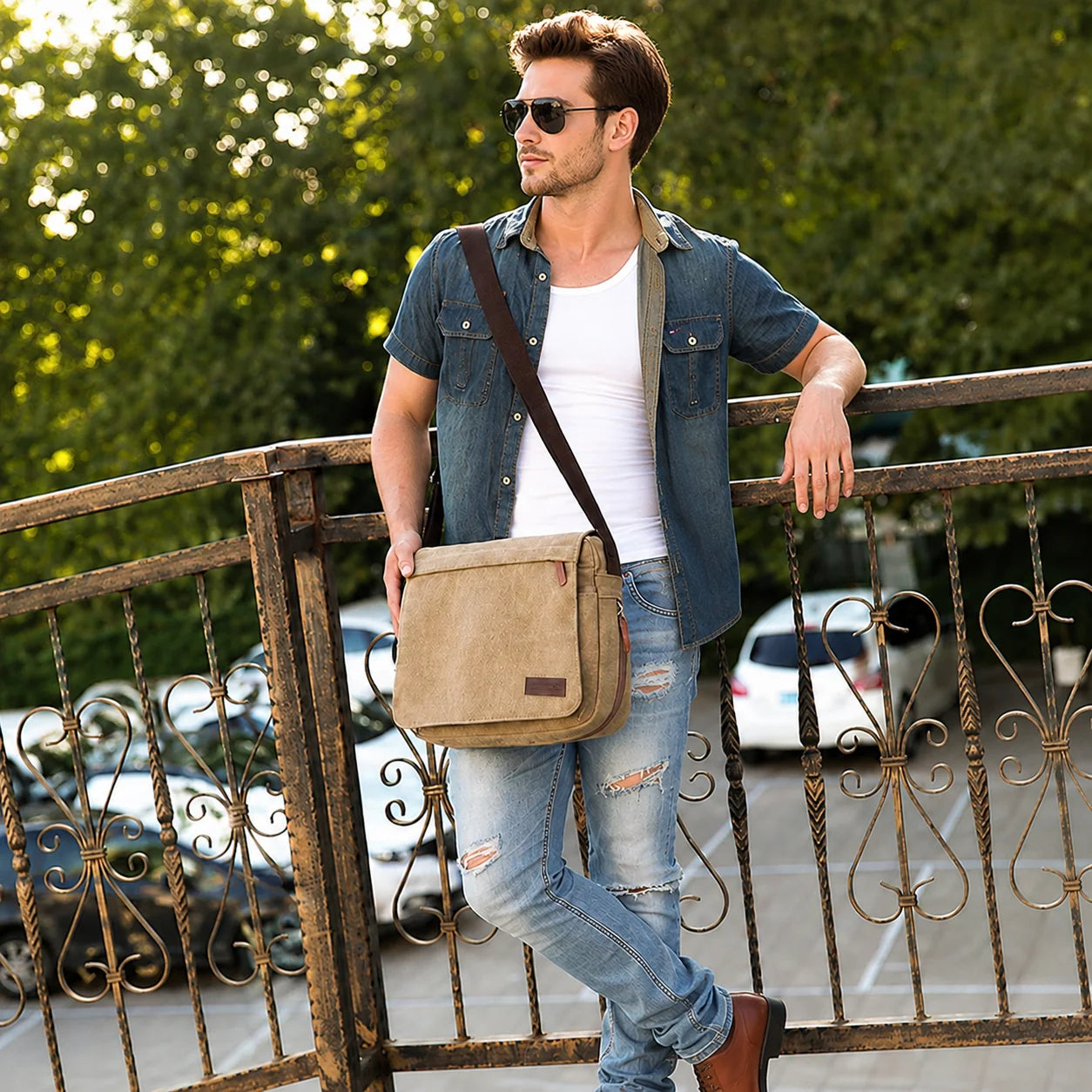 Men’s Canvas Messenger Bag - Large Buckle Flap Satchel