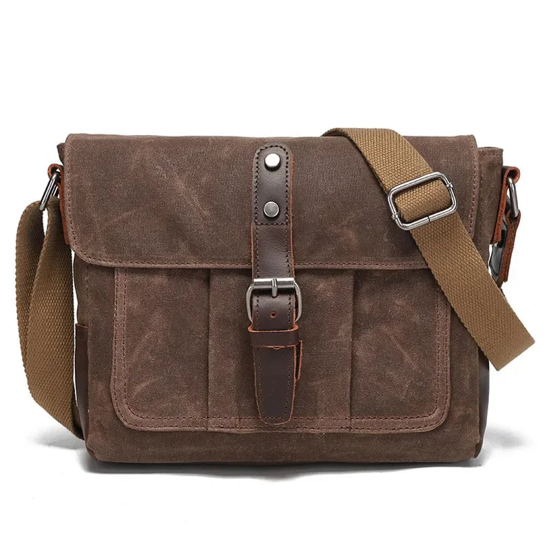 Men’s Canvas Messenger Bag - Leather Trim Crossbody Bag - Dark Brown