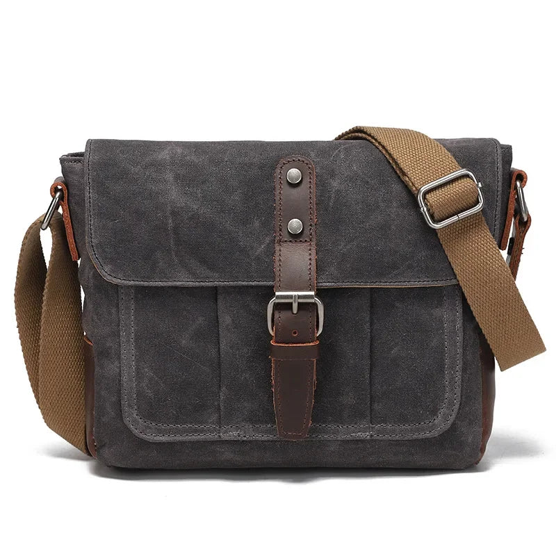 Men’s Canvas Messenger Bag - Leather Trim Crossbody Bag - Dark Gray