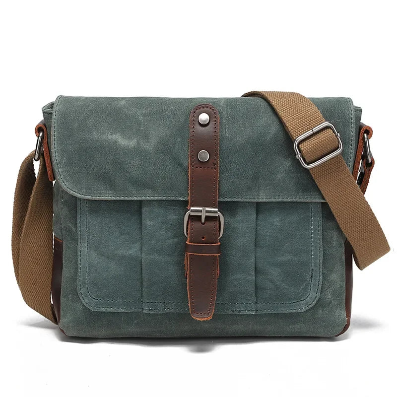 Men’s Canvas Messenger Bag - Leather Trim Crossbody Bag - Green