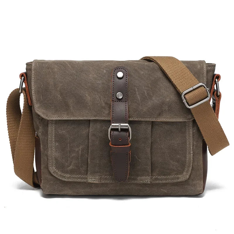 Men’s Canvas Messenger Bag - Leather Trim Crossbody Bag - Olive