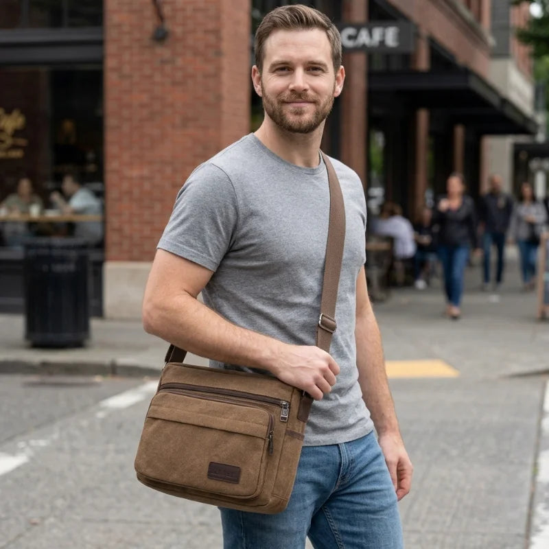 Men’s Canvas Messenger Bag - Multi-Pocket Crossbody Carry