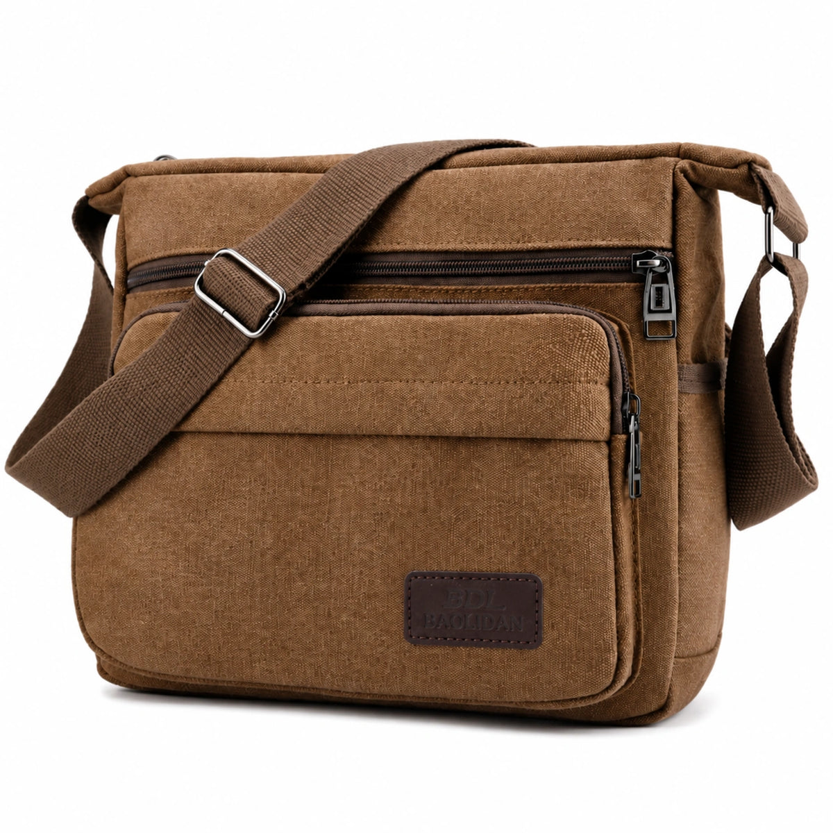Men’s Canvas Messenger Bag - Multi-Pocket Crossbody Carry - Coffee