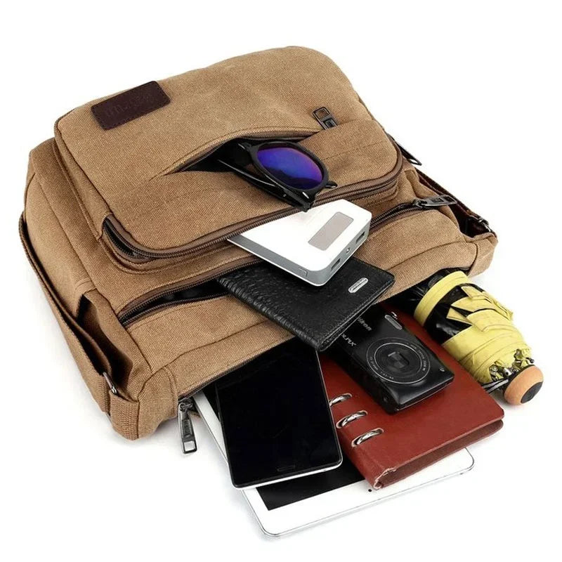 Men’s Canvas Messenger Bag - Multi-Pocket Crossbody Carry