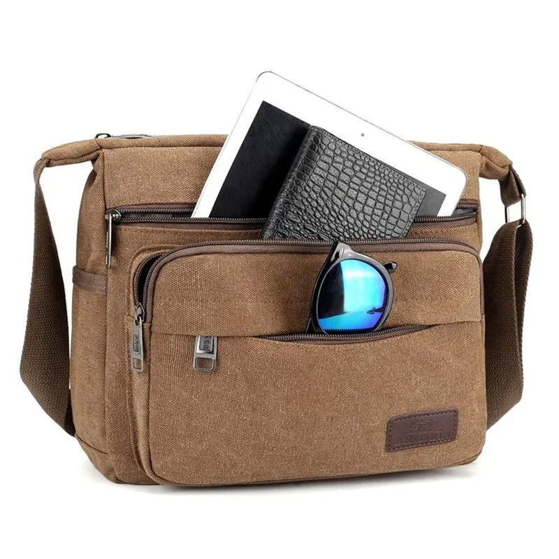 Men’s Canvas Messenger Bag - Multi-Pocket Crossbody Carry