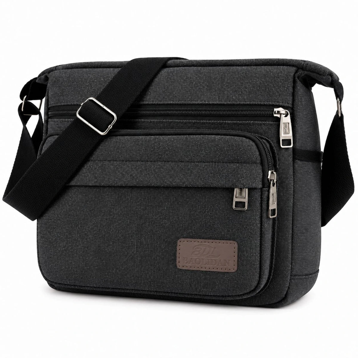 Men’s Canvas Messenger Bag - Multi-Pocket Crossbody Carry - Black