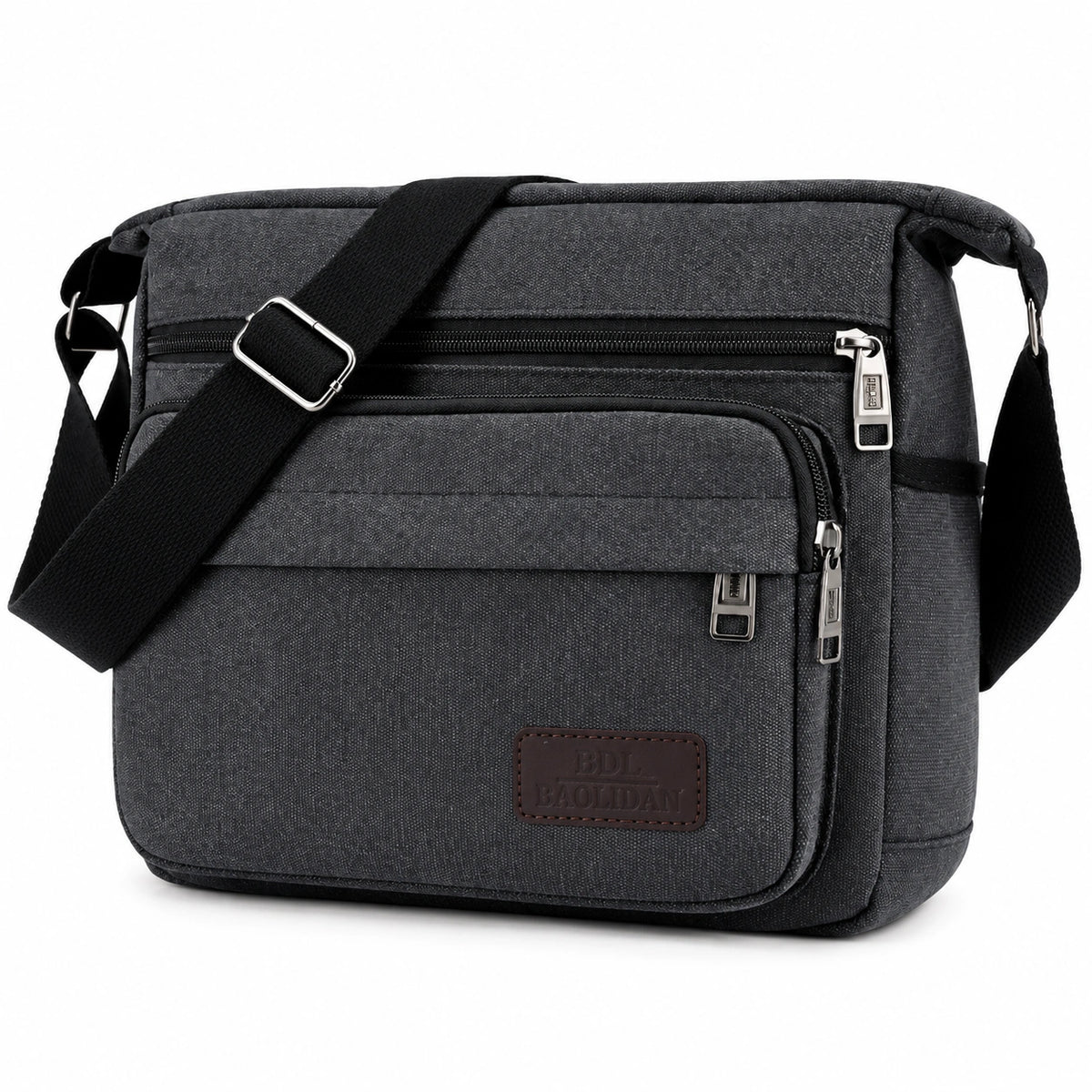 Men’s Canvas Messenger Bag - Multi-Pocket Crossbody Carry - Black