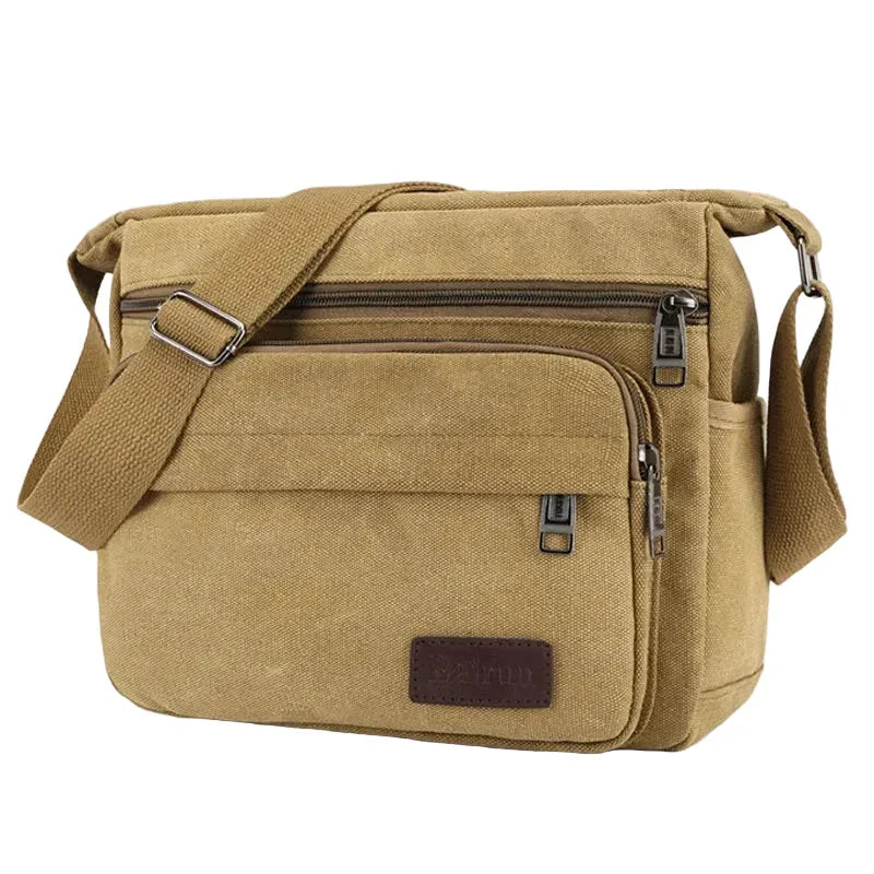 Men’s Canvas Messenger Bag - Multi-Pocket Crossbody Carry - Khaki