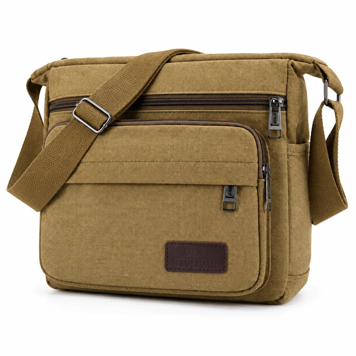 Men’s Canvas Messenger Bag - Multi-Pocket Crossbody Carry - Khaki