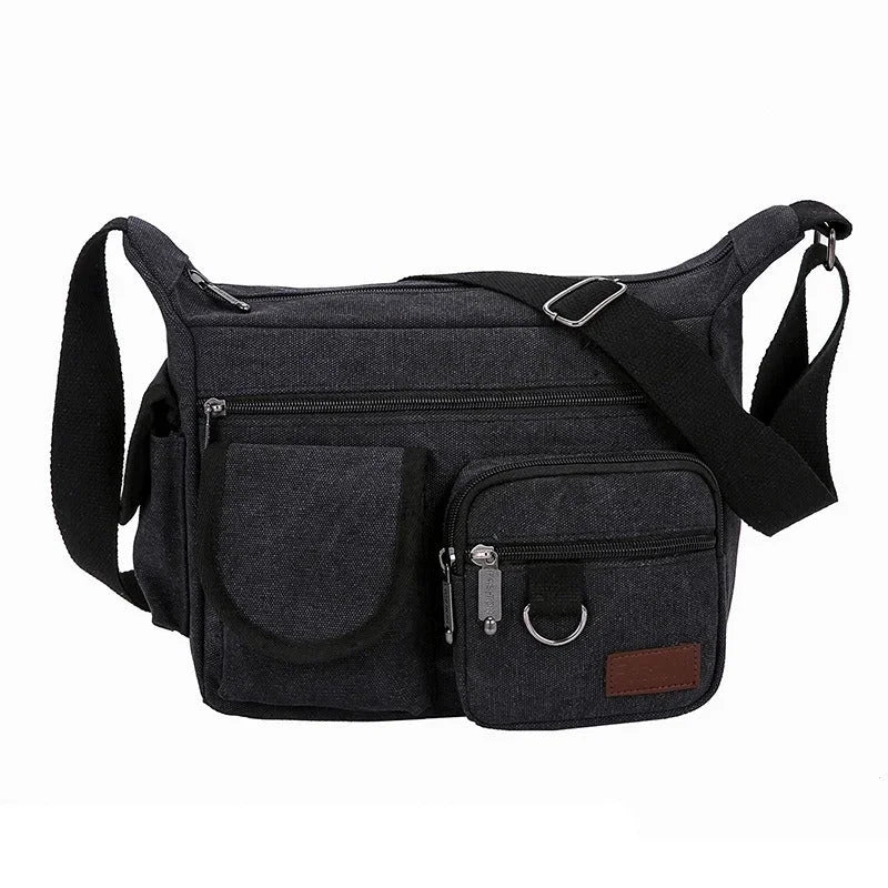 Men’s Canvas Messenger Bag - Multi-Pocket Shoulder Organizer - Black