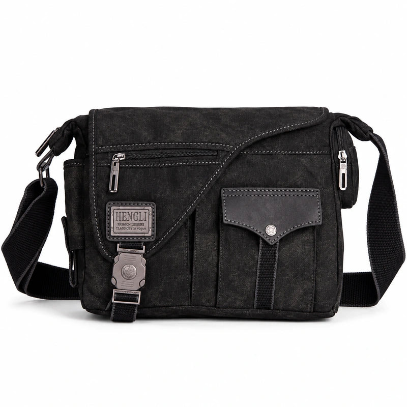 Men’s Canvas Messenger Bag - Multi Pocket Zip Flap Design - Black
