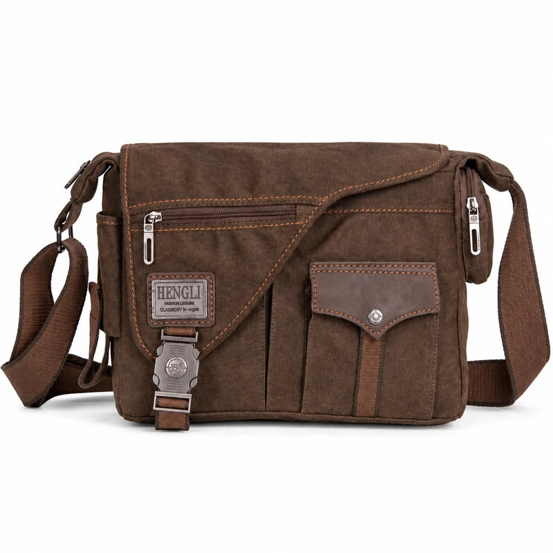 Men’s Canvas Messenger Bag - Multi Pocket Zip Flap Design - Brown