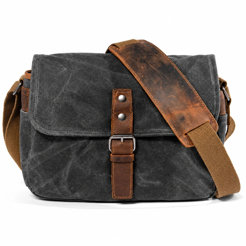 Men’s Small Canvas Messenger Bag - Vintage Everyday Shoulder Bag - Dark gray