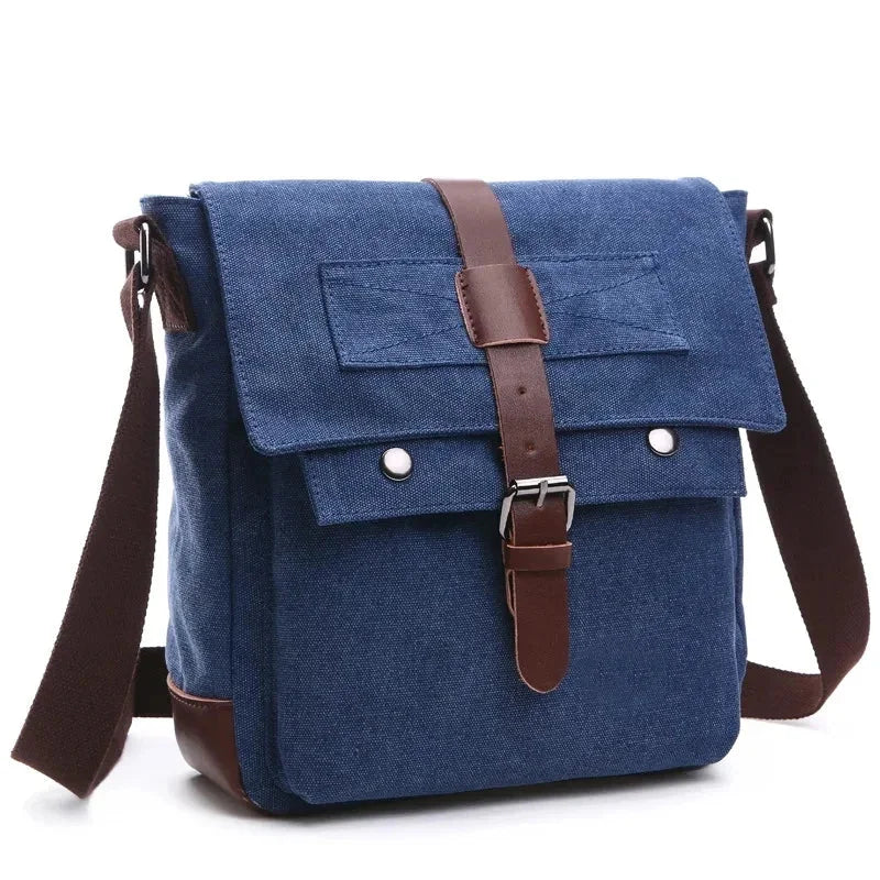 Men’s Canvas Messenger Bag - Vintage Multi-Pocket Shoulder Bag - Blue