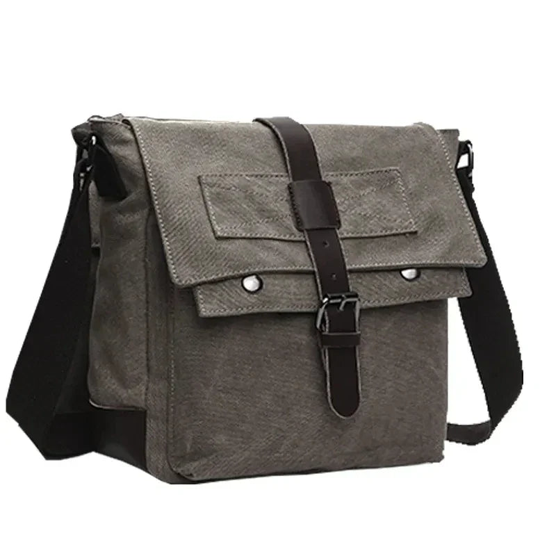 Men’s Canvas Messenger Bag - Vintage Multi-Pocket Shoulder Bag - Gray