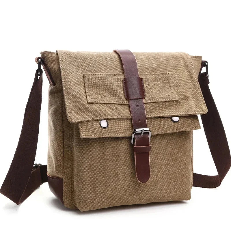 Men’s Canvas Messenger Bag - Vintage Multi-Pocket Shoulder Bag - Khaki