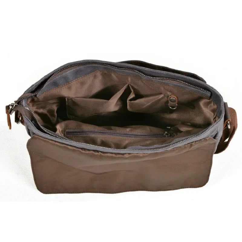 Men’s Canvas Messenger Bag – Vintage Work Bag with Leather Straps