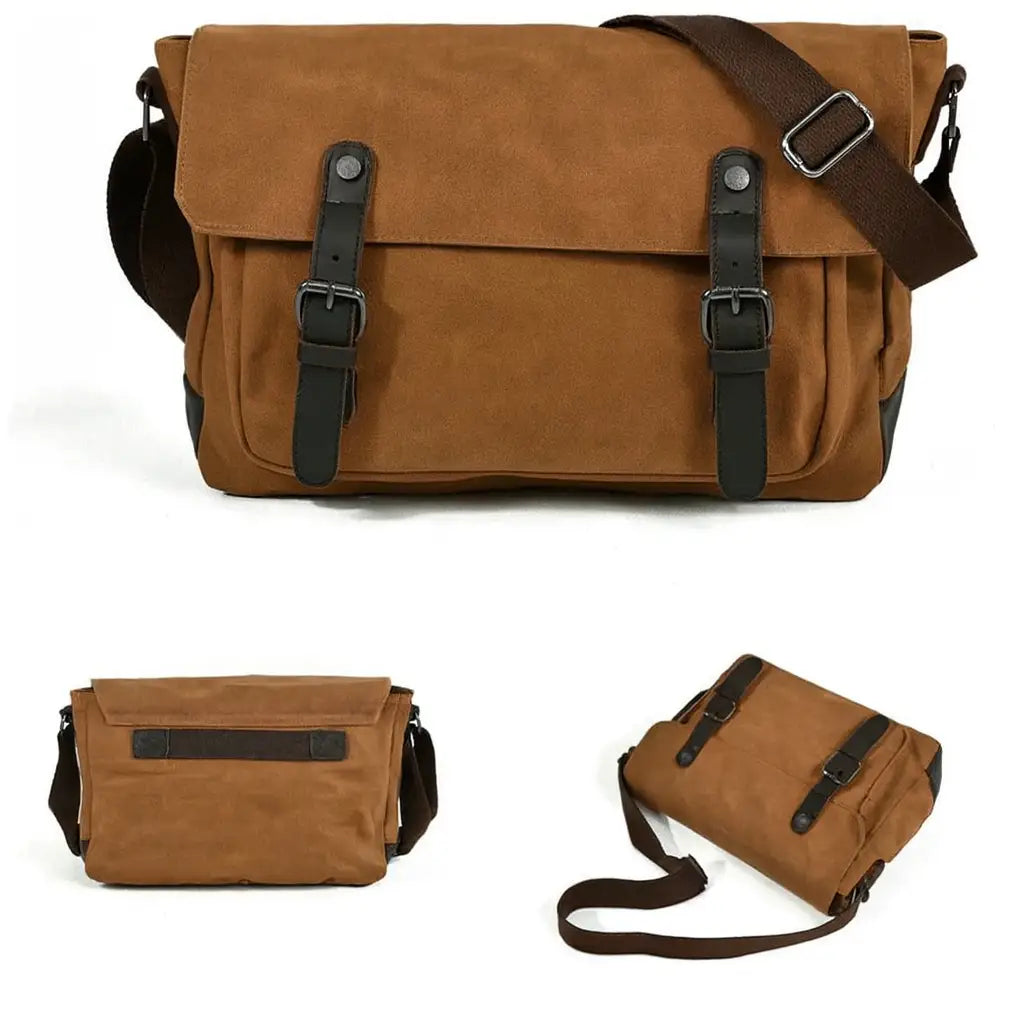 Men’s Canvas Messenger Bag – Vintage Work Bag with Leather Straps