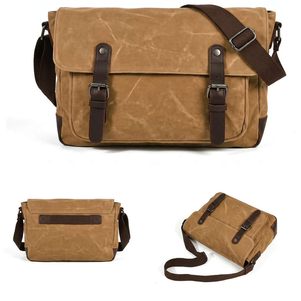Men’s Waxed Canvas Messenger Bag - Compact Shoulder Bag with Leather Straps