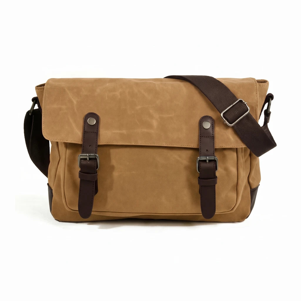 Men’s Waxed Canvas Messenger Bag - Compact Shoulder Bag with Leather Straps - Mustard