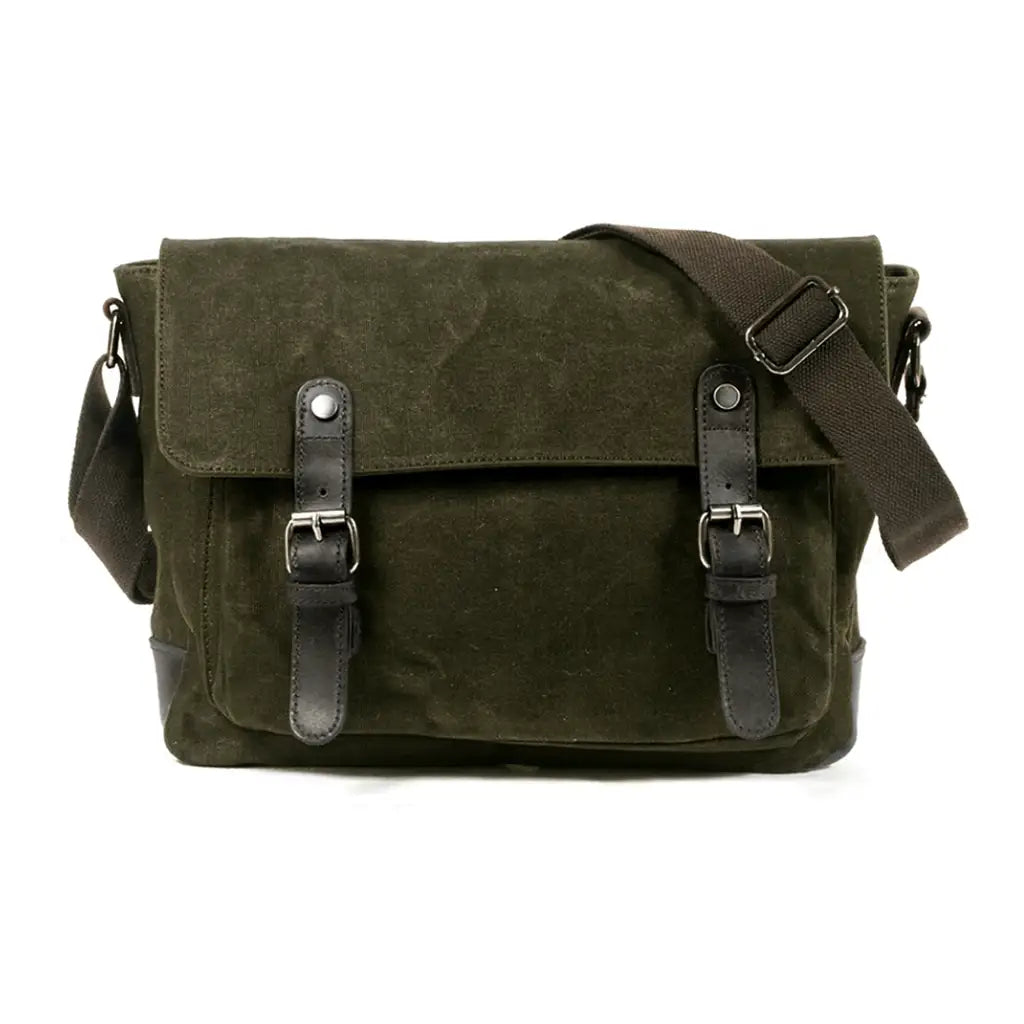 Men’s Canvas Messenger Bag – Vintage Work Bag with Leather Straps - Dark green