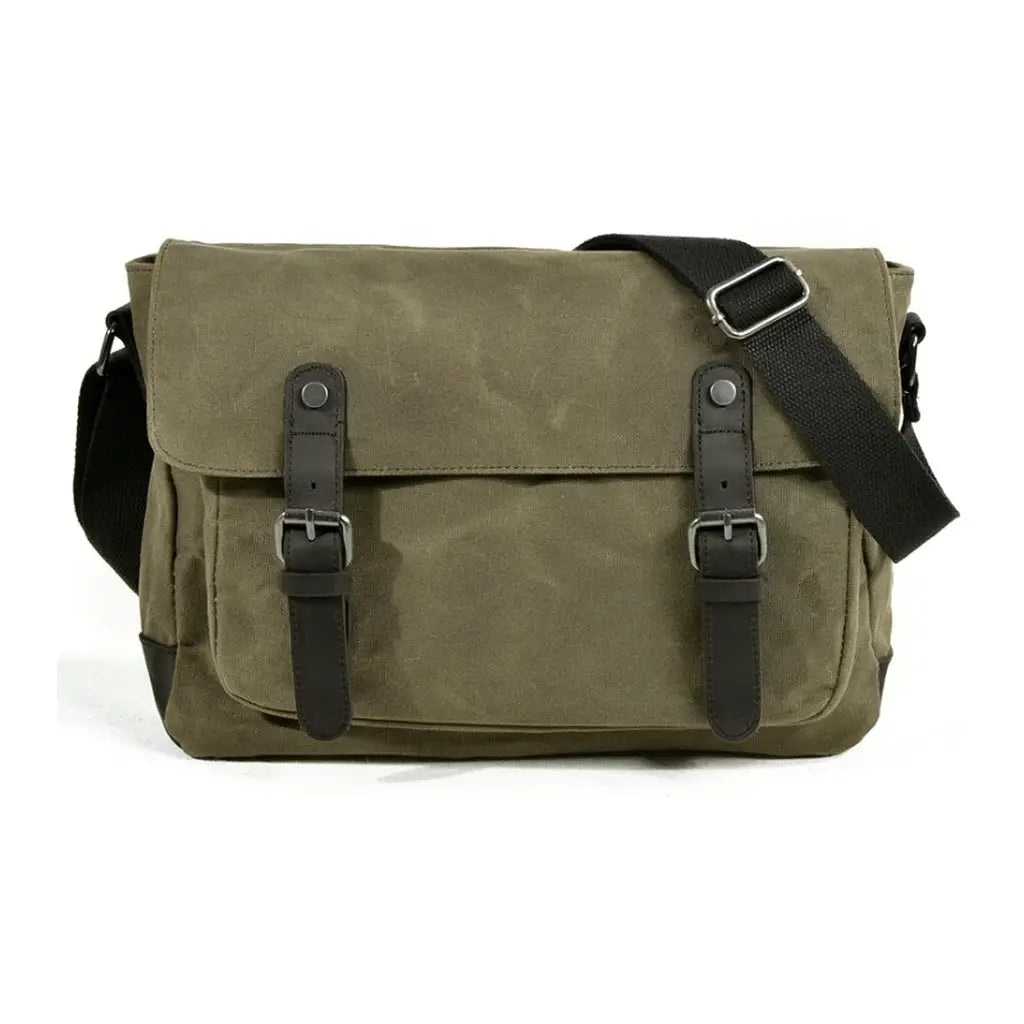 Men’s Canvas Messenger Bag – Vintage Work Bag with Leather Straps - Green