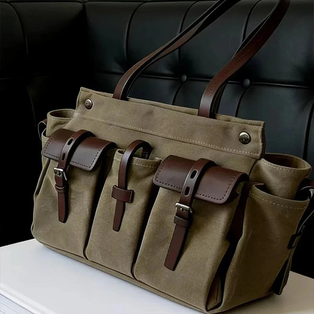 Canvas Tote with Pockets - Leather Trim Utility Shoulder Tote