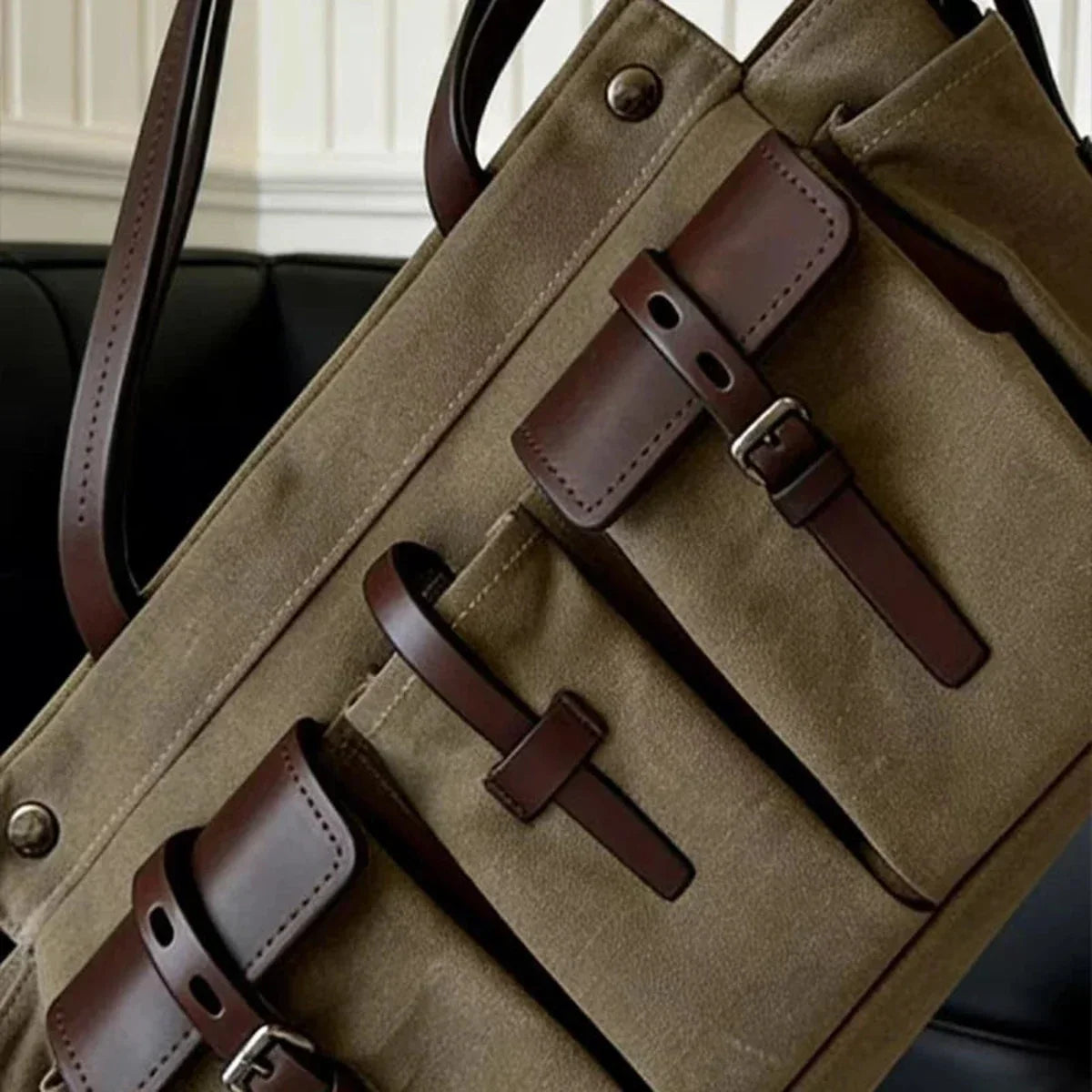 Canvas Tote with Pockets - Leather Trim Utility Shoulder Tote