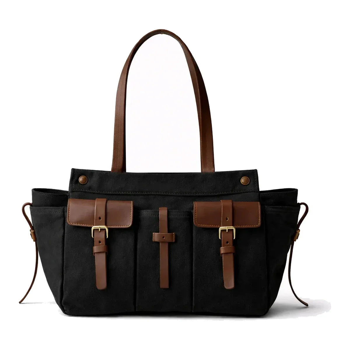 Canvas Tote with Pockets - Leather Trim Utility Shoulder Tote - Black