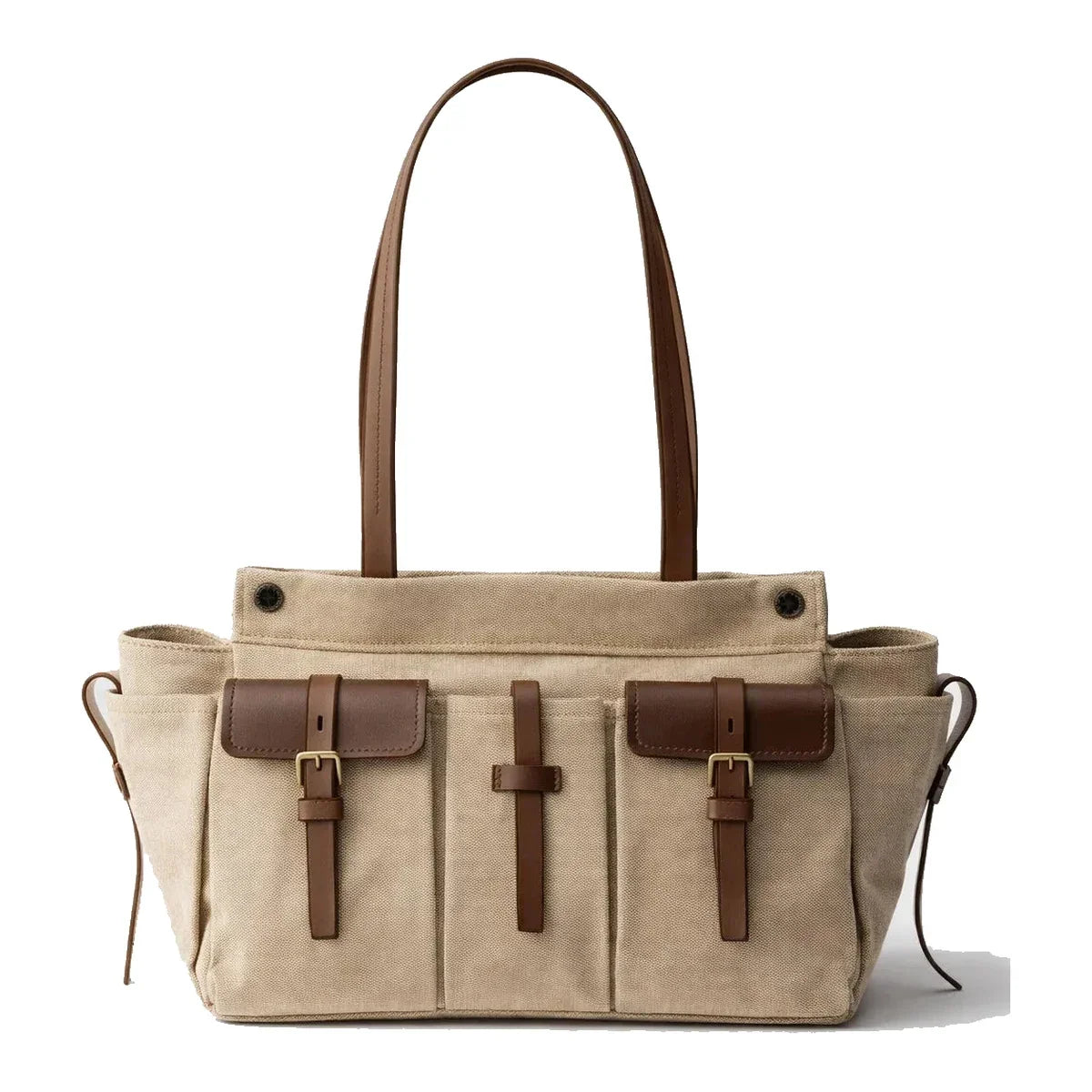 Canvas Tote with Pockets - Leather Trim Utility Shoulder Tote - Cream
