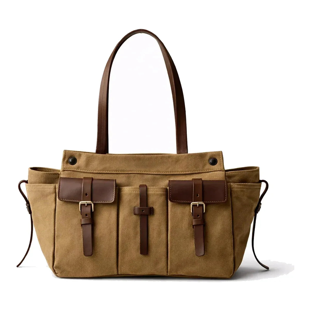 Canvas Tote with Pockets - Leather Trim Utility Shoulder Tote - Tan