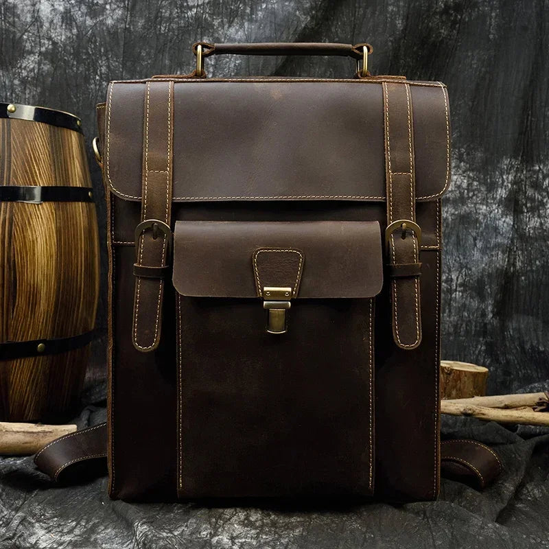 Men’s Convertible Leather Backpack - Crazy Horse 3-Way Top Handle Pack - Front Pocket / Dark Brown