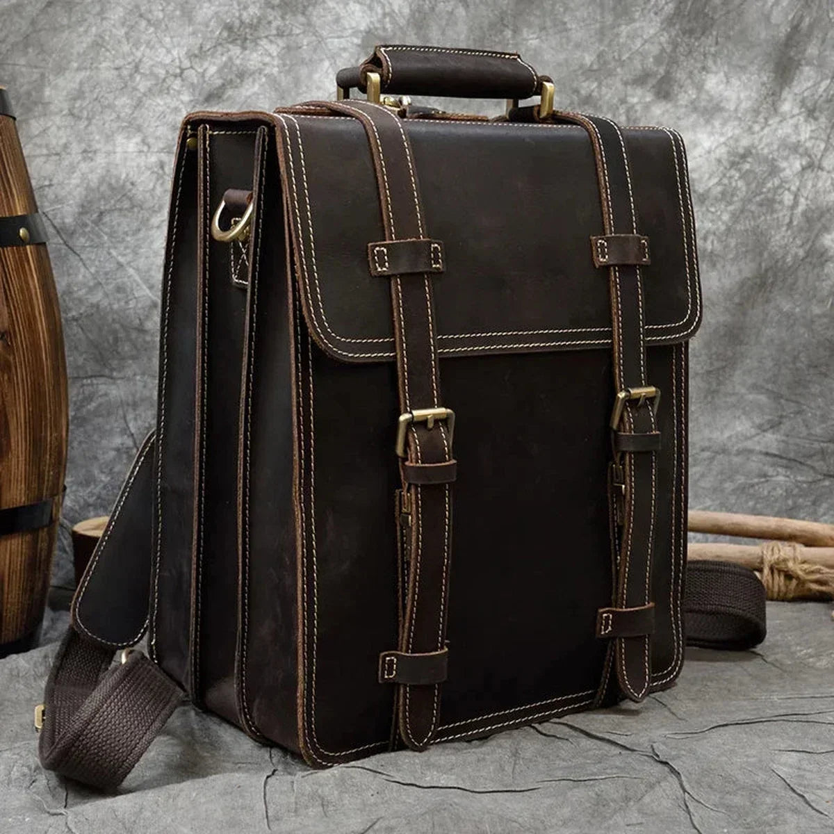 Men’s Convertible Leather Backpack - Crazy Horse 3-Way Top Handle Pack