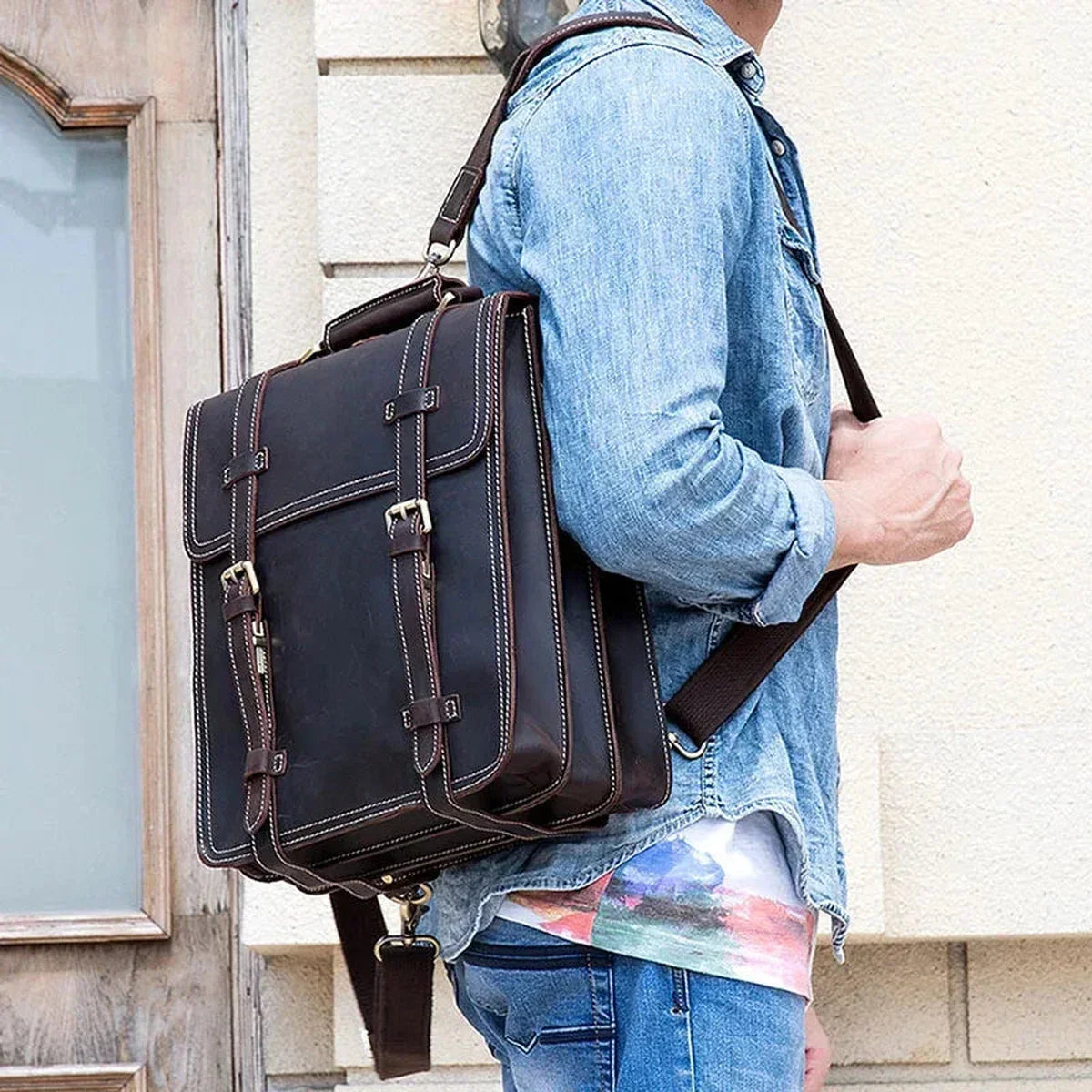 Men’s Convertible Leather Backpack - Crazy Horse 3-Way Top Handle Pack