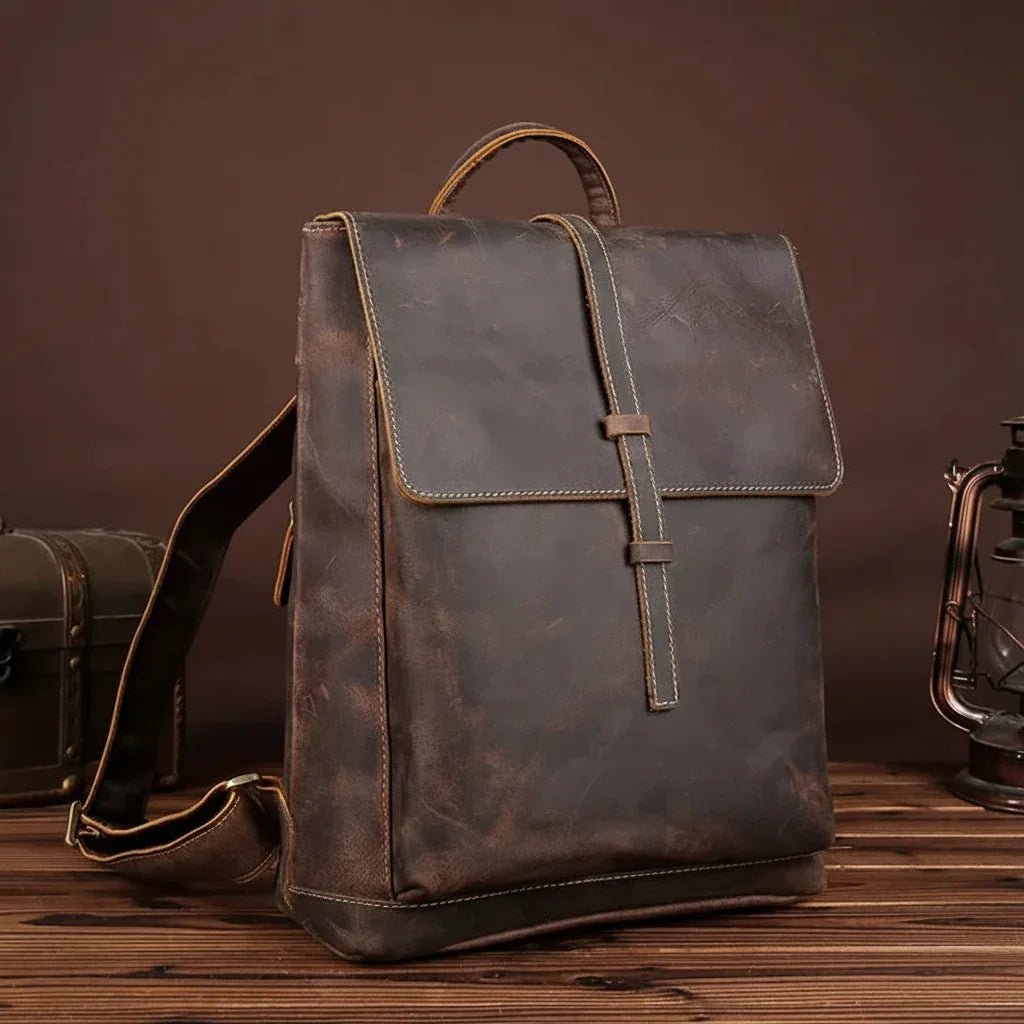 Men’s Crazy Horse Leather Backpack - Flap Closure 13’’ Laptop Bag
