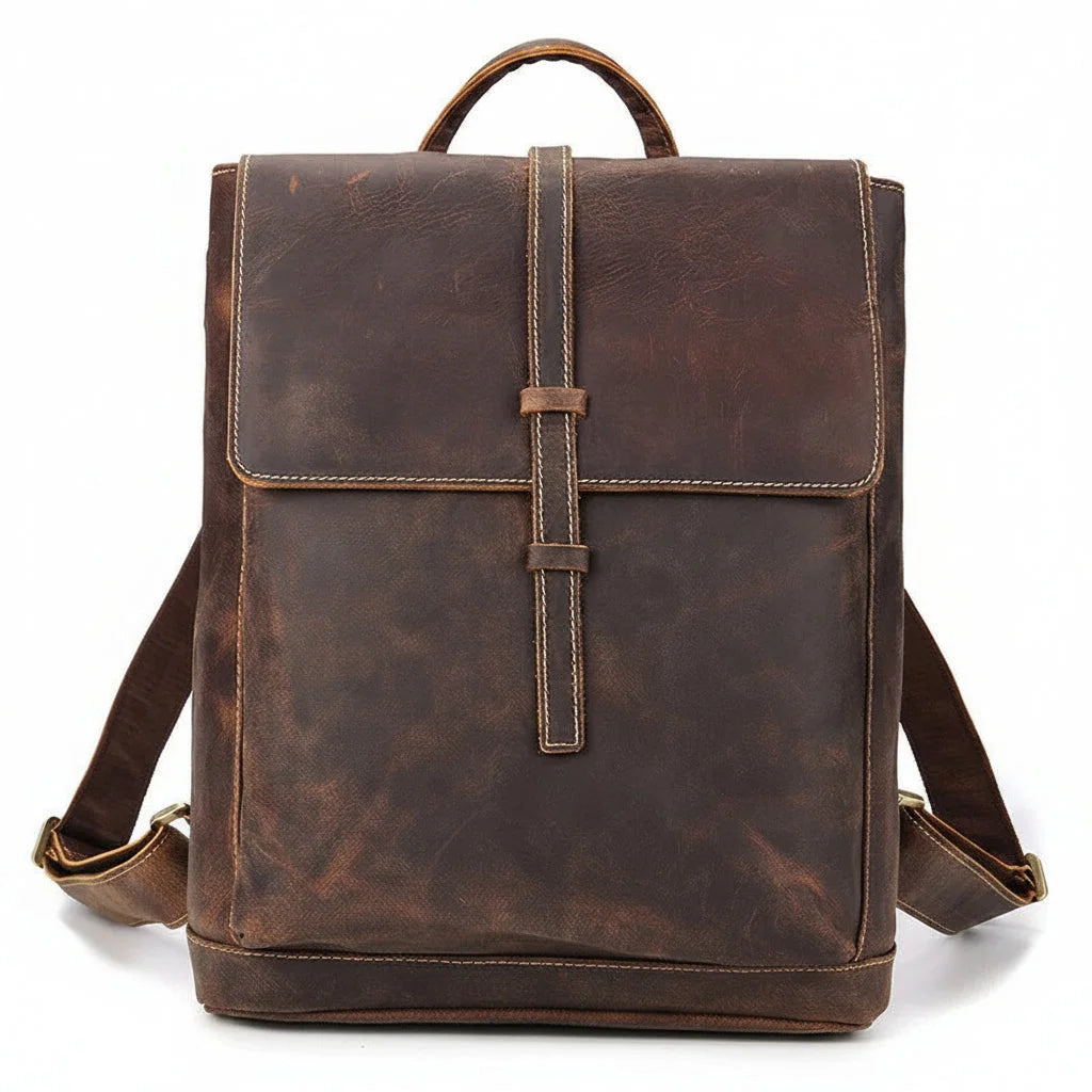Men’s Crazy Horse Leather Backpack - Flap Closure 13’’ Laptop Bag - Dark brown