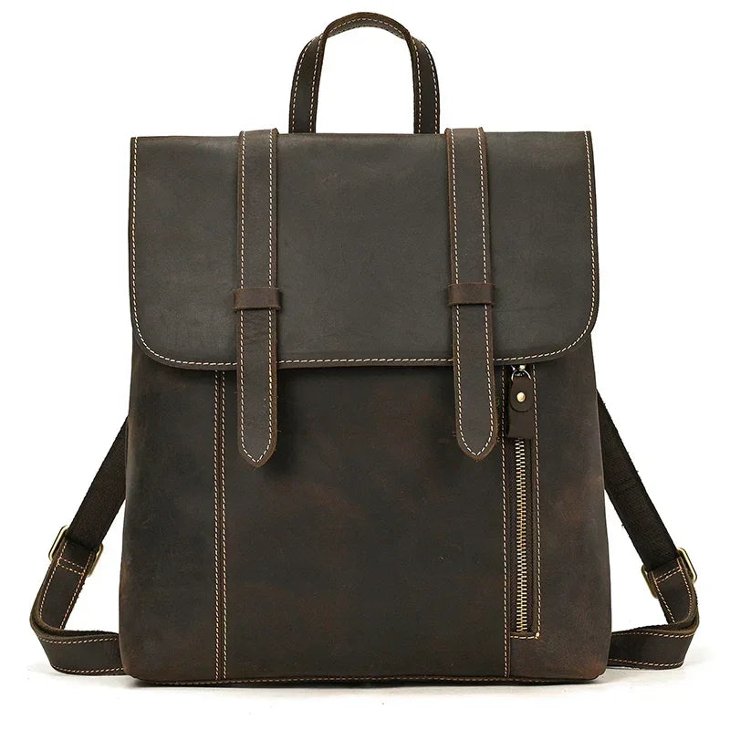 Men’s Crazy Horse Leather Backpack – Flap Front Design - Dark brown